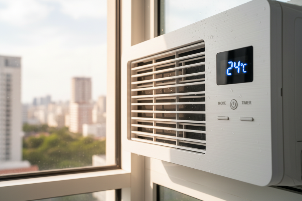A white window air conditioner with a digital display showing 24 degrees Celsius is mounted in a window overlooking a city skyline.