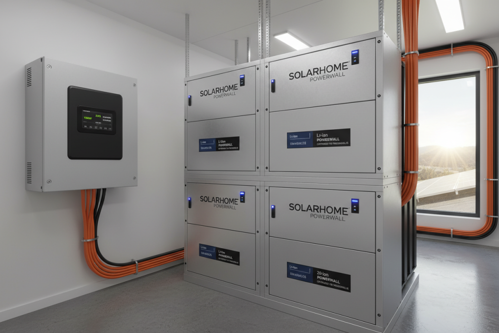 A set of four Solarhome Powerwall battery units and a control panel are mounted on a wall in a room with orange electrical conduits and a view of solar panels outside.