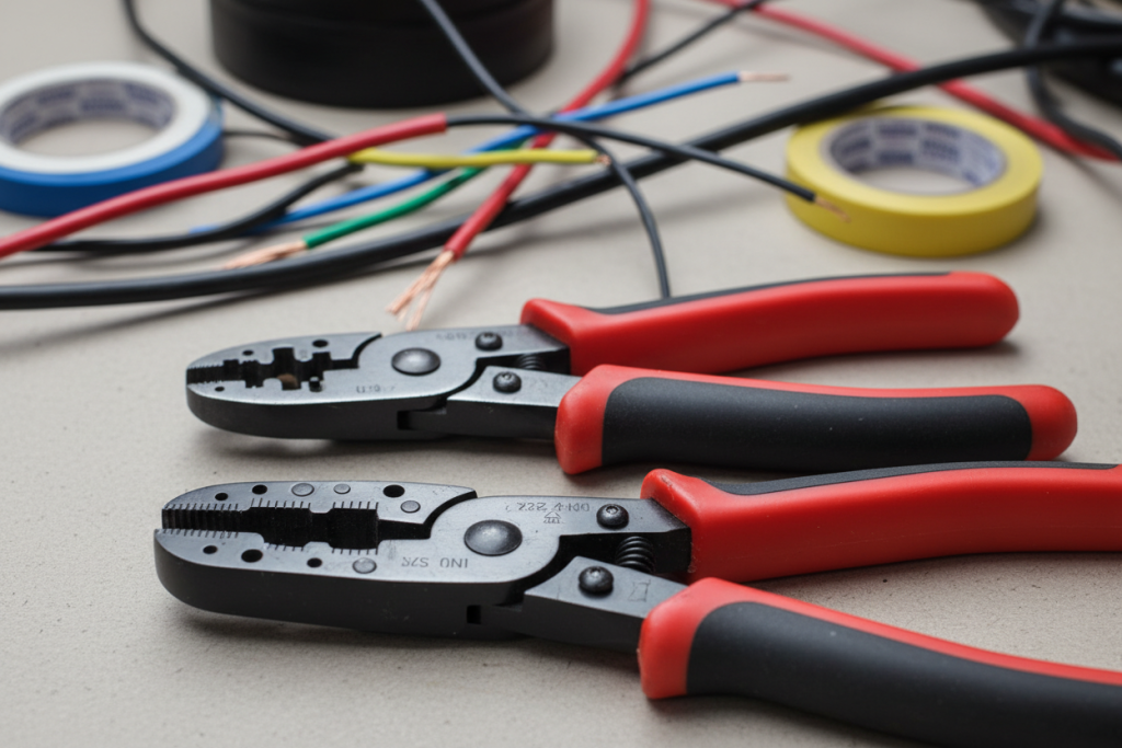 Two wire-stripping pliers with red and black handles lie on a workbench surrounded by electrical wires and rolls of colored tape.