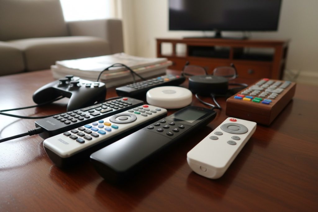 A collection of various television remote controls and a game controller sit on a wooden coffee table in a living room.