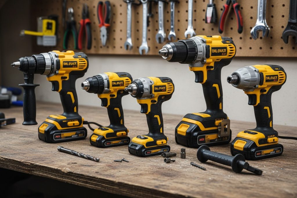 Five yellow and black cordless power tools stand in a row on a wooden workbench in front of a pegboard wall with hanging hand tools.