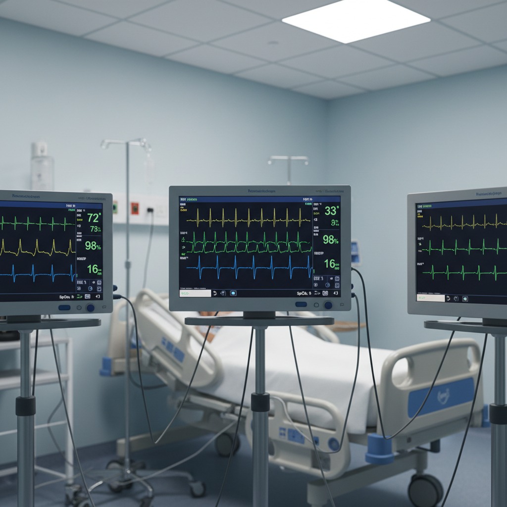 Three medical monitors display vital signs and heart rate graphs in a hospital room with an empty bed in the background.