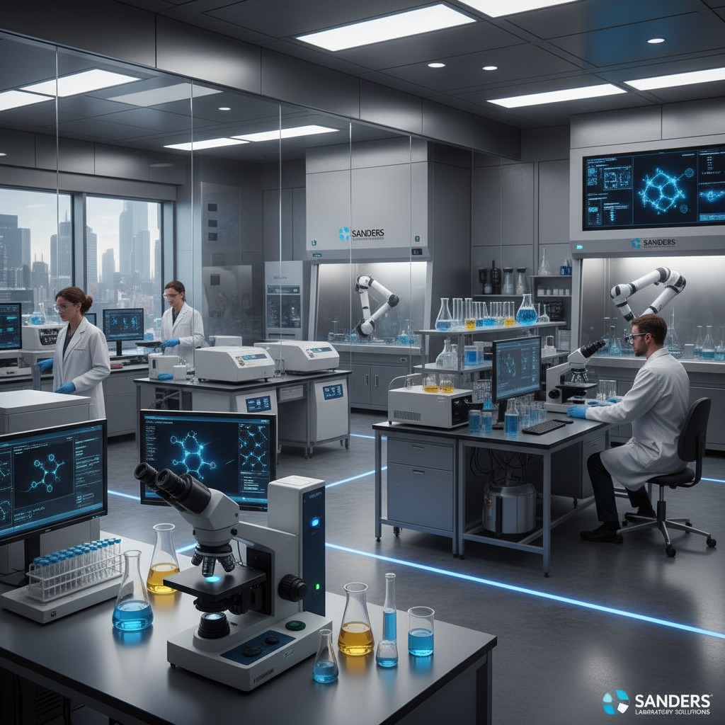 A modern, brightly lit biotechnology laboratory features scientists working at various workstations with advanced equipment, microscopes, and digital displays.