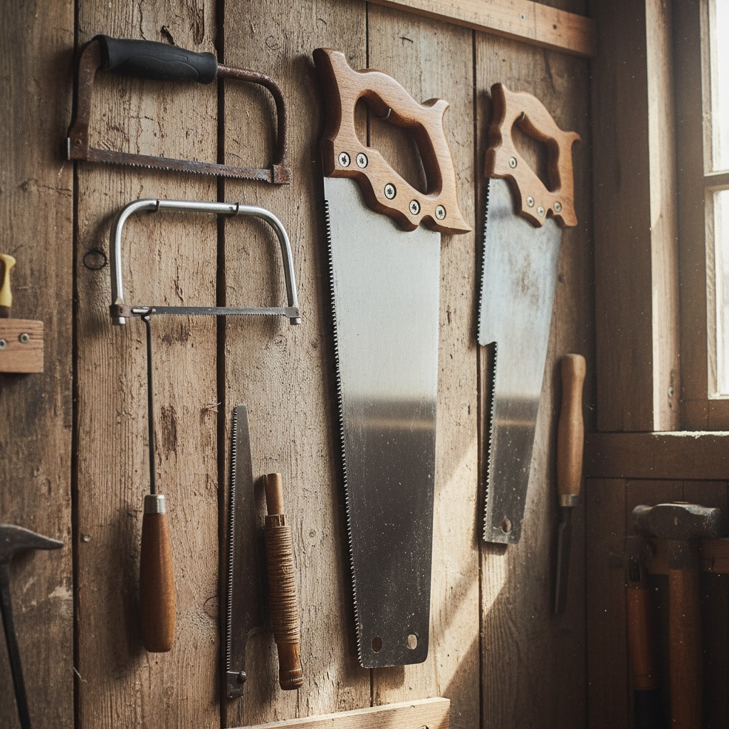 Various types of hand saws hang neatly on a weathered wooden workshop wall.