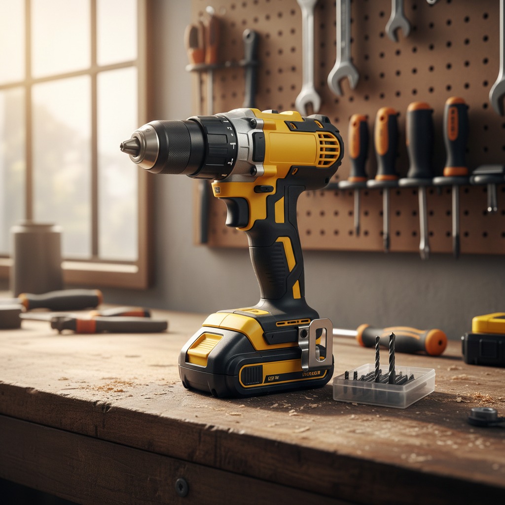 A yellow and black cordless power drill sits upright on a wooden workbench with a pegboard of tools in the background.