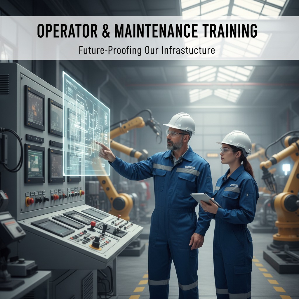 Two workers in blue jumpsuits and hard hats stand in a factory control room, reviewing a digital schematic on a transparent display next to an industrial control panel.