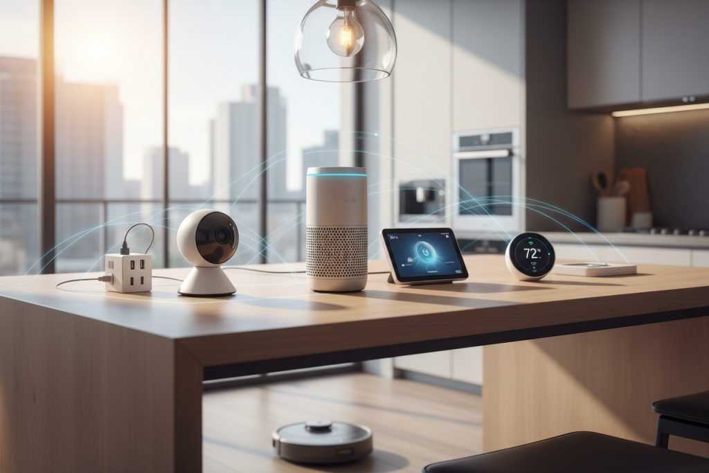 A collection of smart home devices, including a speaker, security camera, and thermostat, sit on a wooden kitchen table with digital connection lines radiating between them.