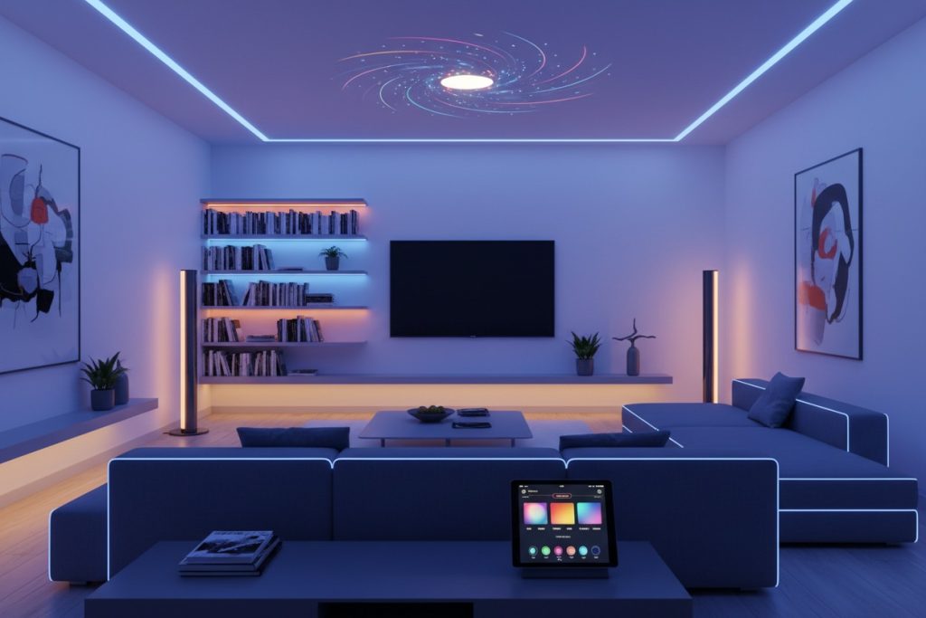 A modern living room features a smart home tablet on a coffee table, a large sectional sofa, and a ceiling light projecting a colorful galaxy pattern.