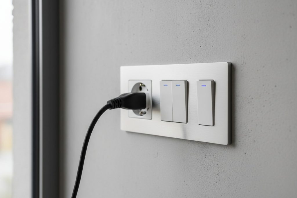 A black power cord is plugged into a wall outlet next to three light switches on a gray concrete wall.