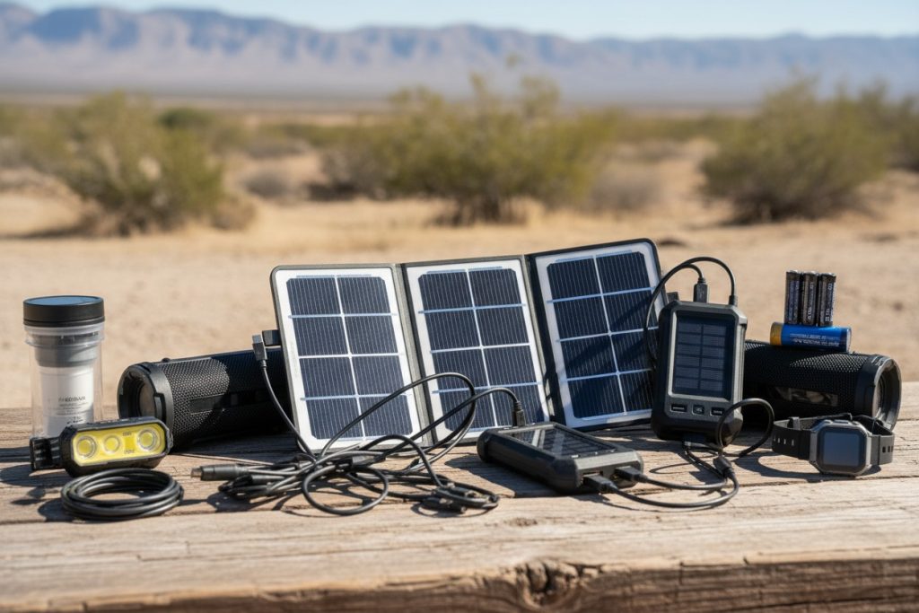 A portable solar panel charger and various electronic accessories are arranged on a wooden table in a desert landscape.