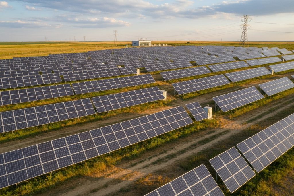 Rows of solar panels stretch across a grassy field under a cloudy sky with electrical transmission towers in the distance.