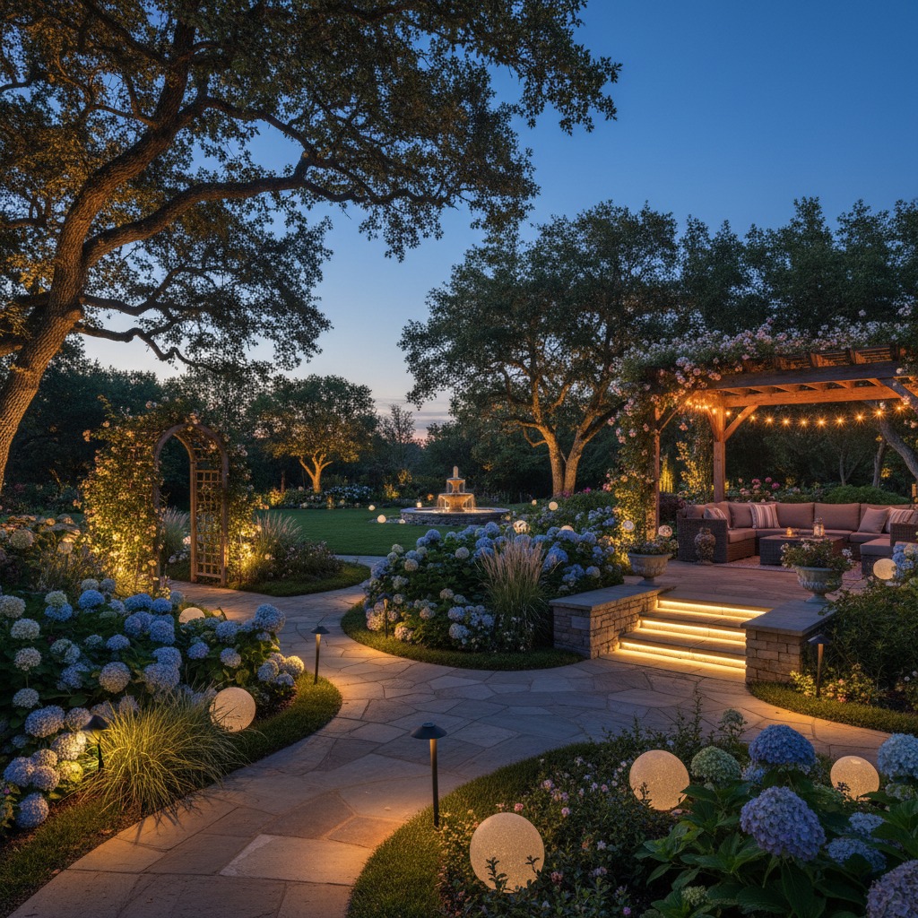 An illuminated stone pathway winds through a lush, landscaped garden at dusk, featuring blooming hydrangeas, a lit pergola seating area, and a distant fountain.