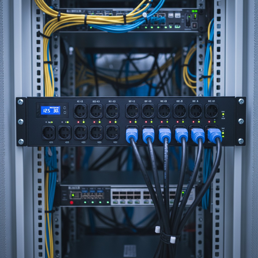 A power distribution unit mounted in a server rack features a digital display and multiple plugged cables.