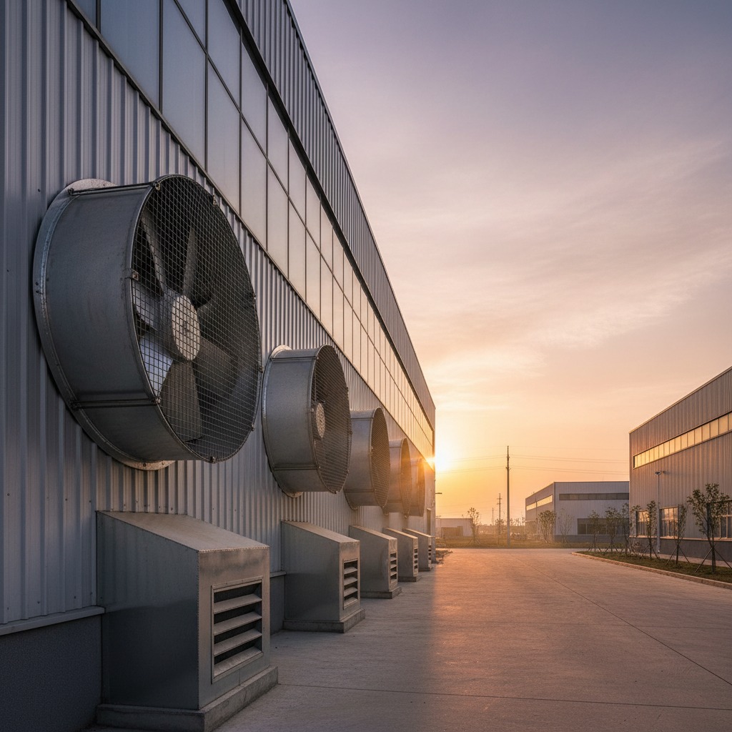 A line of large industrial ventilation fans is mounted on the side of a modern metal warehouse building during sunset.