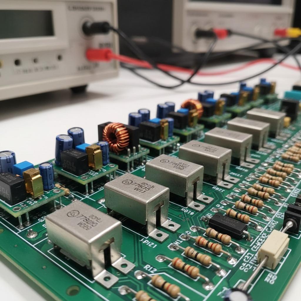 A green circuit board sits on a workbench with electronic testing equipment in the background.