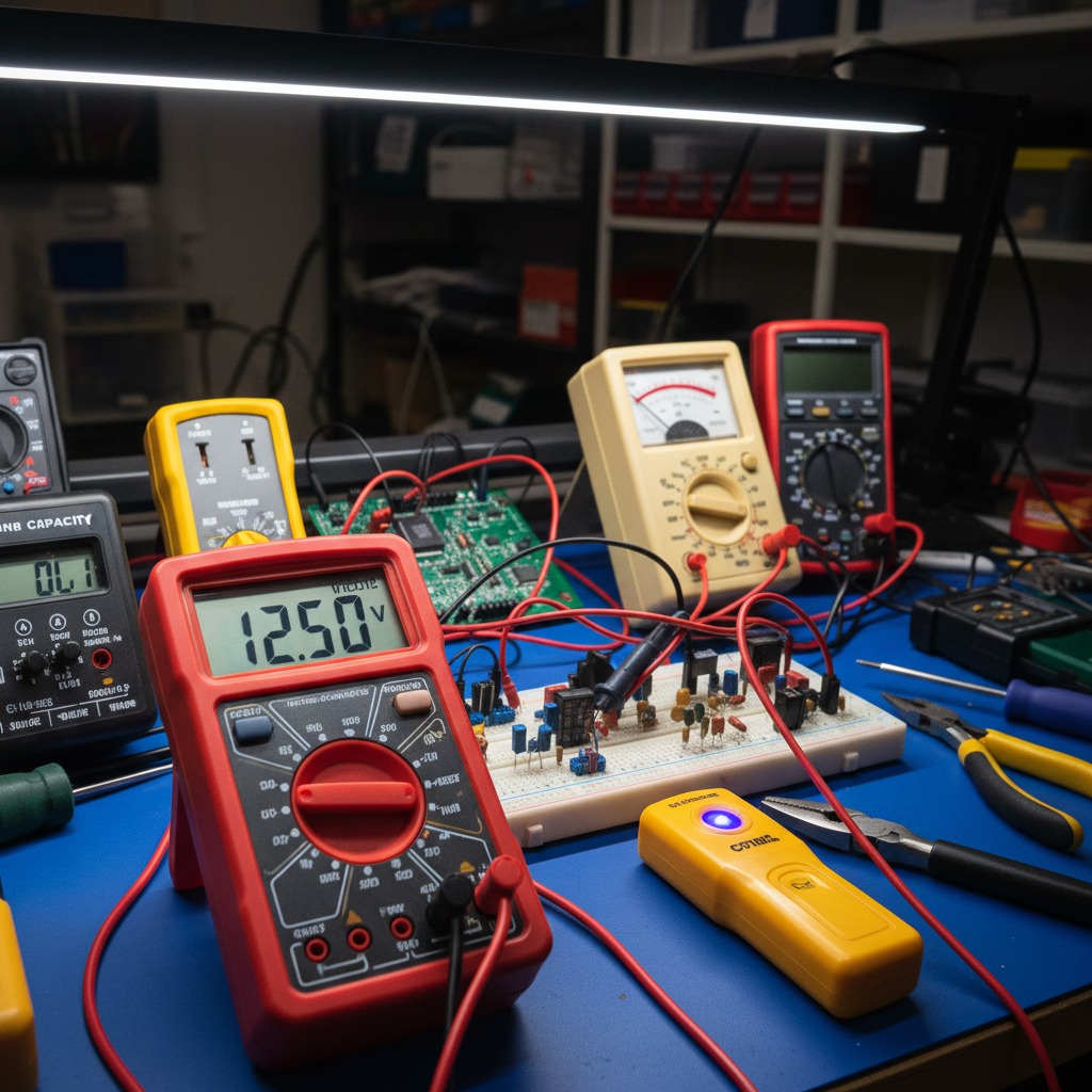 A workbench features multiple digital and analog multimeters, breadboards with electronic components, and tools under a bright overhead lamp.